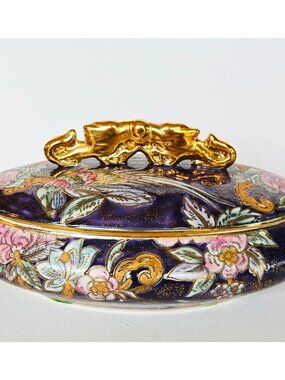 Frederick Cooper Purple Oval Porcelain Decorative Box With Gold Handle Floral De